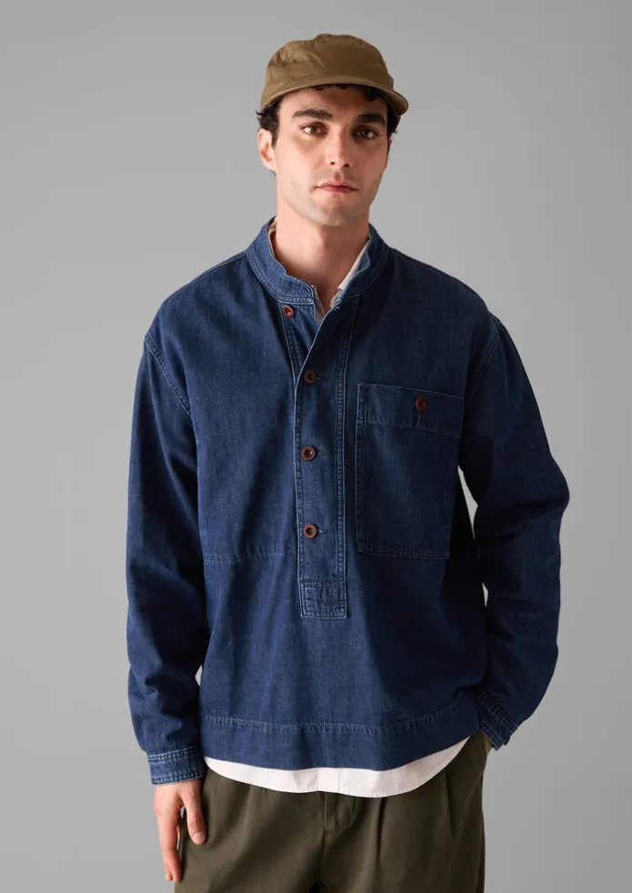 TOAST Denim | Workwear-Grandad Collar Half Placket Denim Shirt