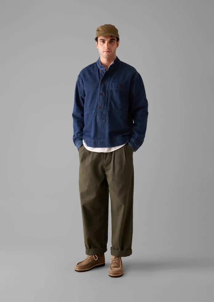TOAST Denim | Workwear-Grandad Collar Half Placket Denim Shirt