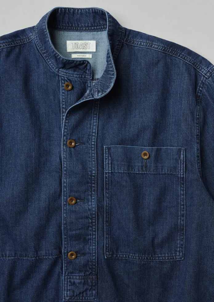 TOAST Denim | Workwear-Grandad Collar Half Placket Denim Shirt