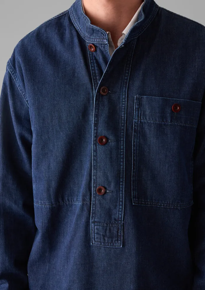 TOAST Denim | Workwear-Grandad Collar Half Placket Denim Shirt