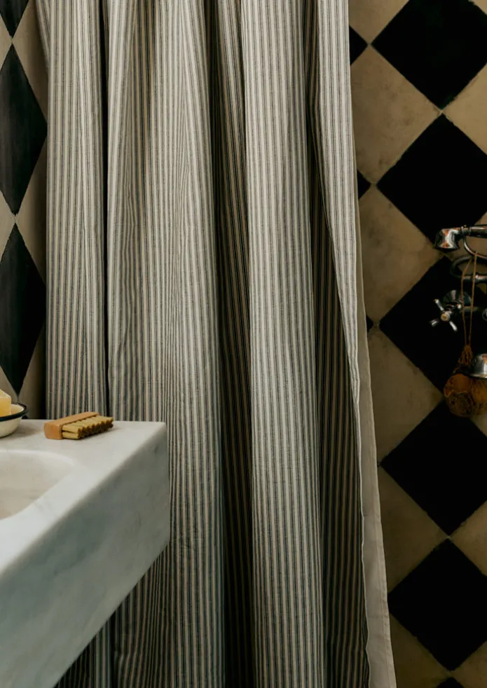 TOAST Textiles | Bathroom-Organic Ticking Stripe Shower Curtain